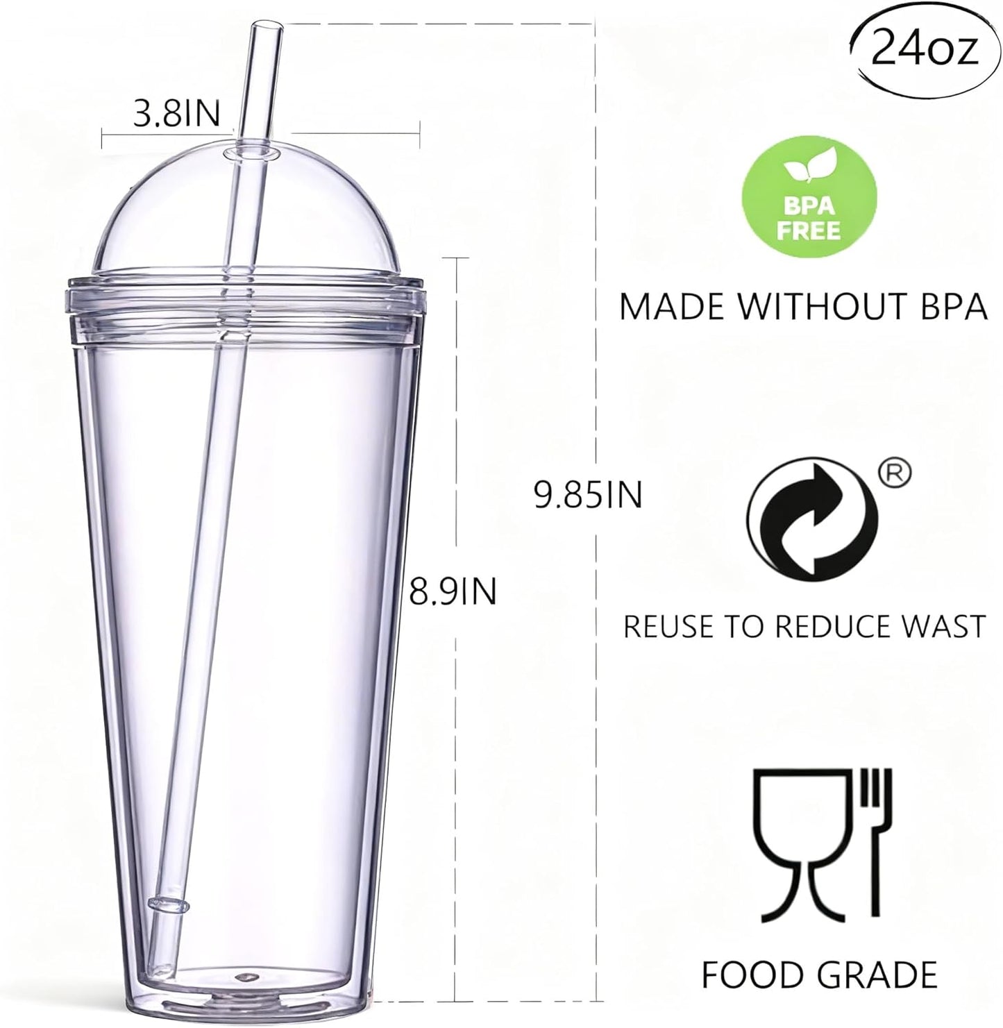 24oz Tumbler with Lid and Straw, Leak Proof and Double Wall Insulated Reusable Plastic Cups,Travel Reusable Iced Coffee Cup (2, White Butterfly)