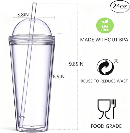 24oz Tumbler with Lid and Straw, Leak Proof and Double Wall Insulated Reusable Plastic Cups,Travel Reusable Iced Coffee Cup (2, White Butterfly)