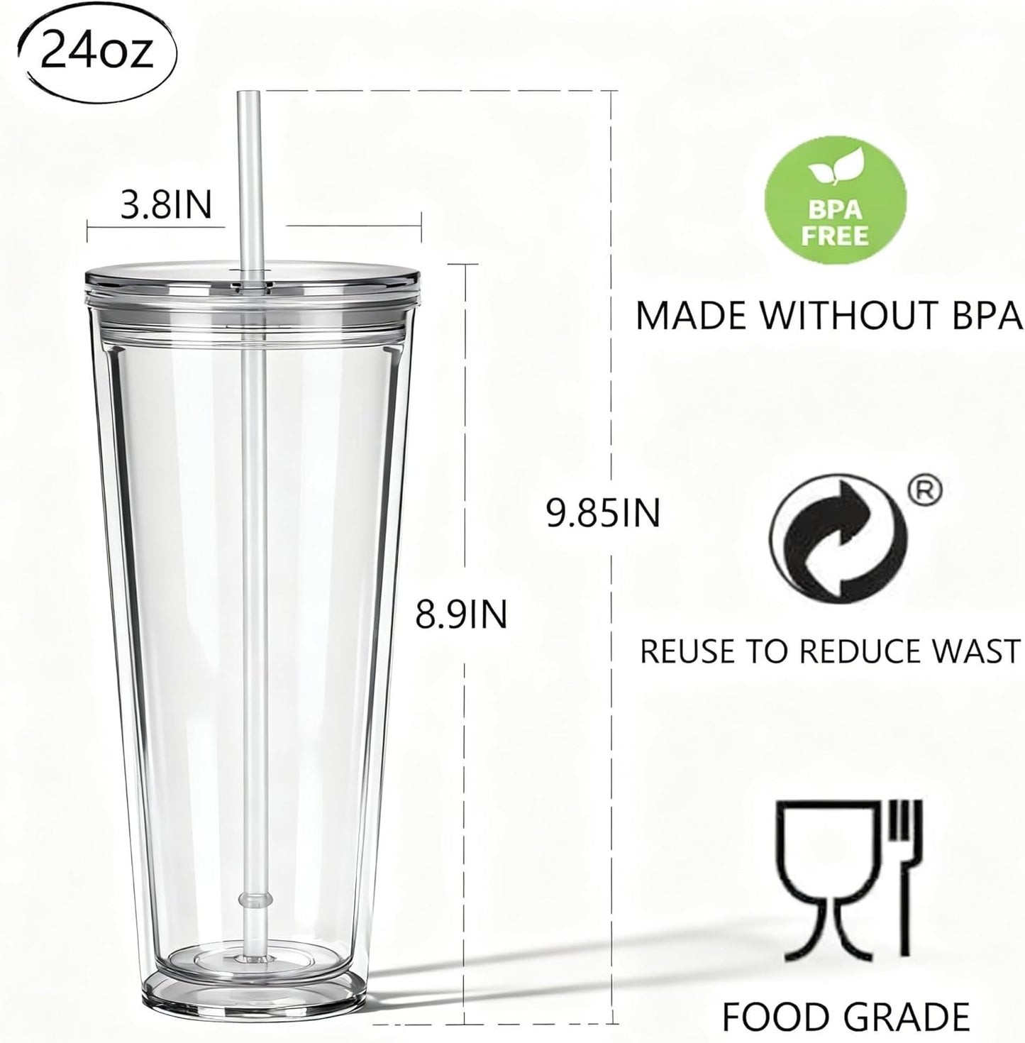 24oz Tumbler with Lid and Straw, Leak Proof and Double Wall Insulated Reusable Plastic Cups,Travel Reusable Iced Coffee Cup (2, White Butterfly)