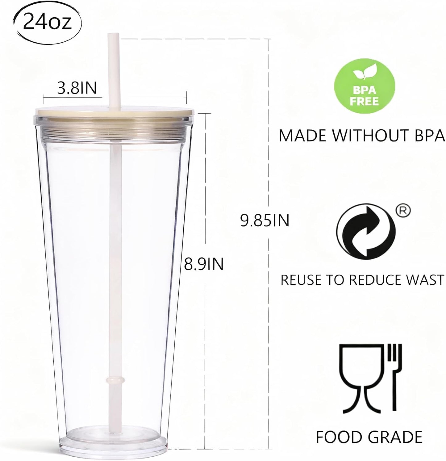 24oz Tumbler with Lid and Straw, Leak Proof and Double Wall Insulated Reusable Plastic Cups,Travel Reusable Iced Coffee Cup (2, White Butterfly)
