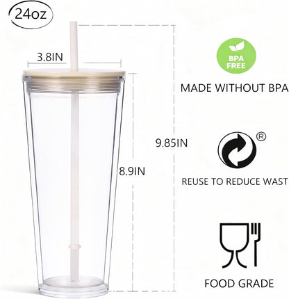 24oz Tumbler with Lid and Straw, Leak Proof and Double Wall Insulated Reusable Plastic Cups,Travel Reusable Iced Coffee Cup (2, White Butterfly)