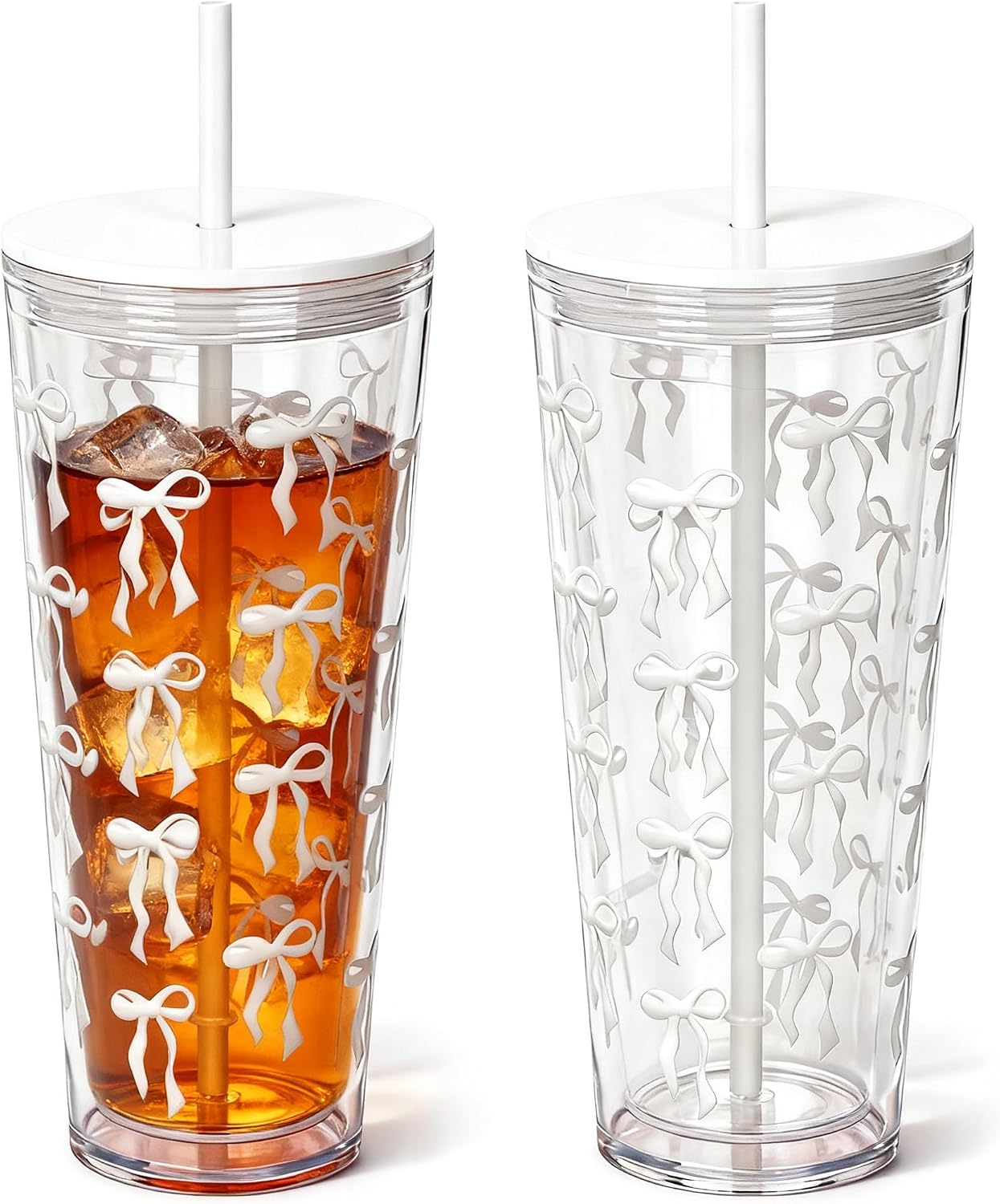 24oz Tumbler with Lid and Straw, Leak Proof and Double Wall Insulated Reusable Plastic Cups,Travel Reusable Iced Coffee Cup (2, White Butterfly)