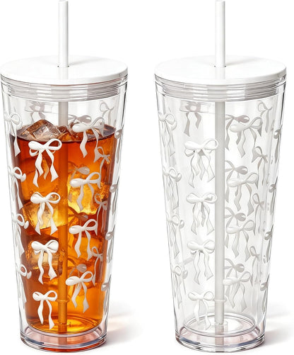 24oz Tumbler with Lid and Straw, Leak Proof and Double Wall Insulated Reusable Plastic Cups,Travel Reusable Iced Coffee Cup (2, White Butterfly)