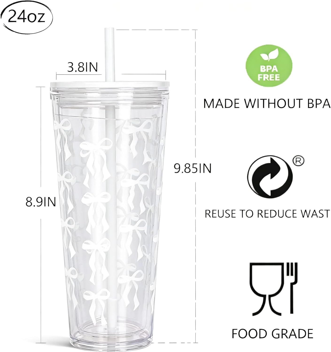 24oz Tumbler with Lid and Straw, Leak Proof and Double Wall Insulated Reusable Plastic Cups,Travel Reusable Iced Coffee Cup (2, White Butterfly)