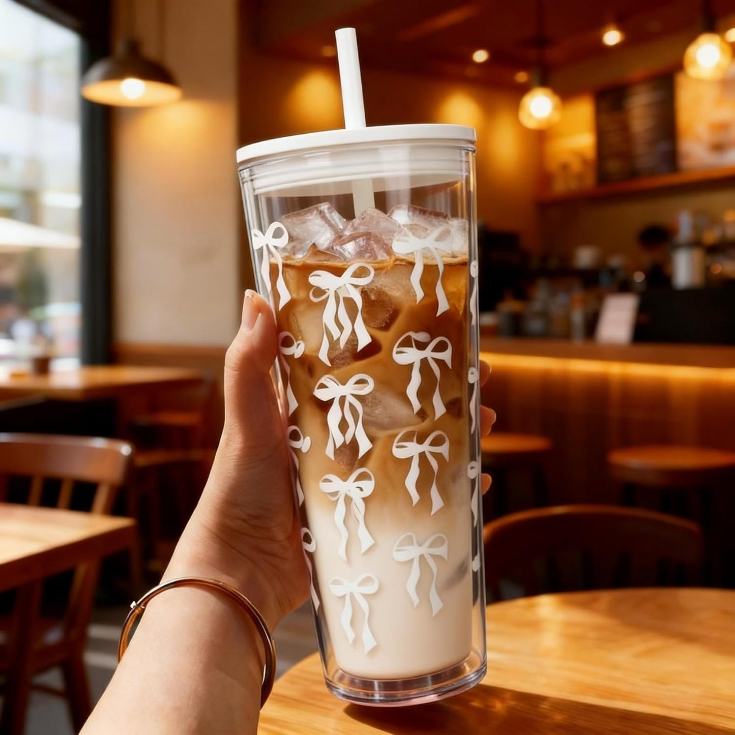 24oz Tumbler with Lid and Straw, Leak Proof and Double Wall Insulated Reusable Plastic Cups,Travel Reusable Iced Coffee Cup (2, White Butterfly)