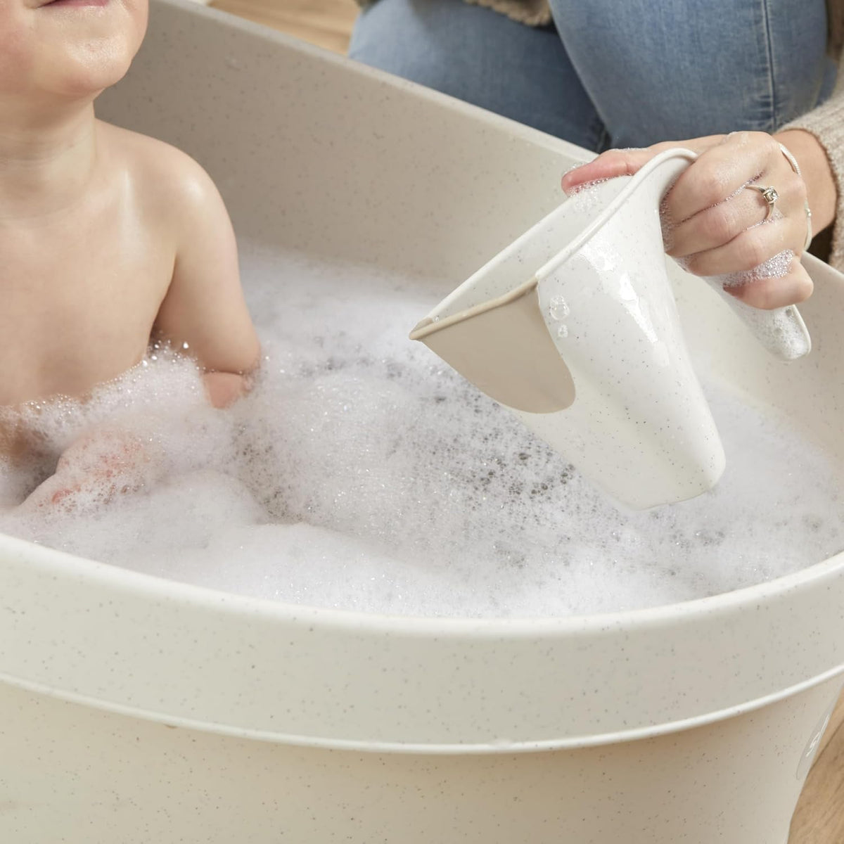 Bath Rinse Jug | Soft Rim Baby & Toddler Shampoo Rinser | Bath Hair Rinsing Cup | Hair Wash Jug with Handle | Essential Bath Accessories | White/Grey