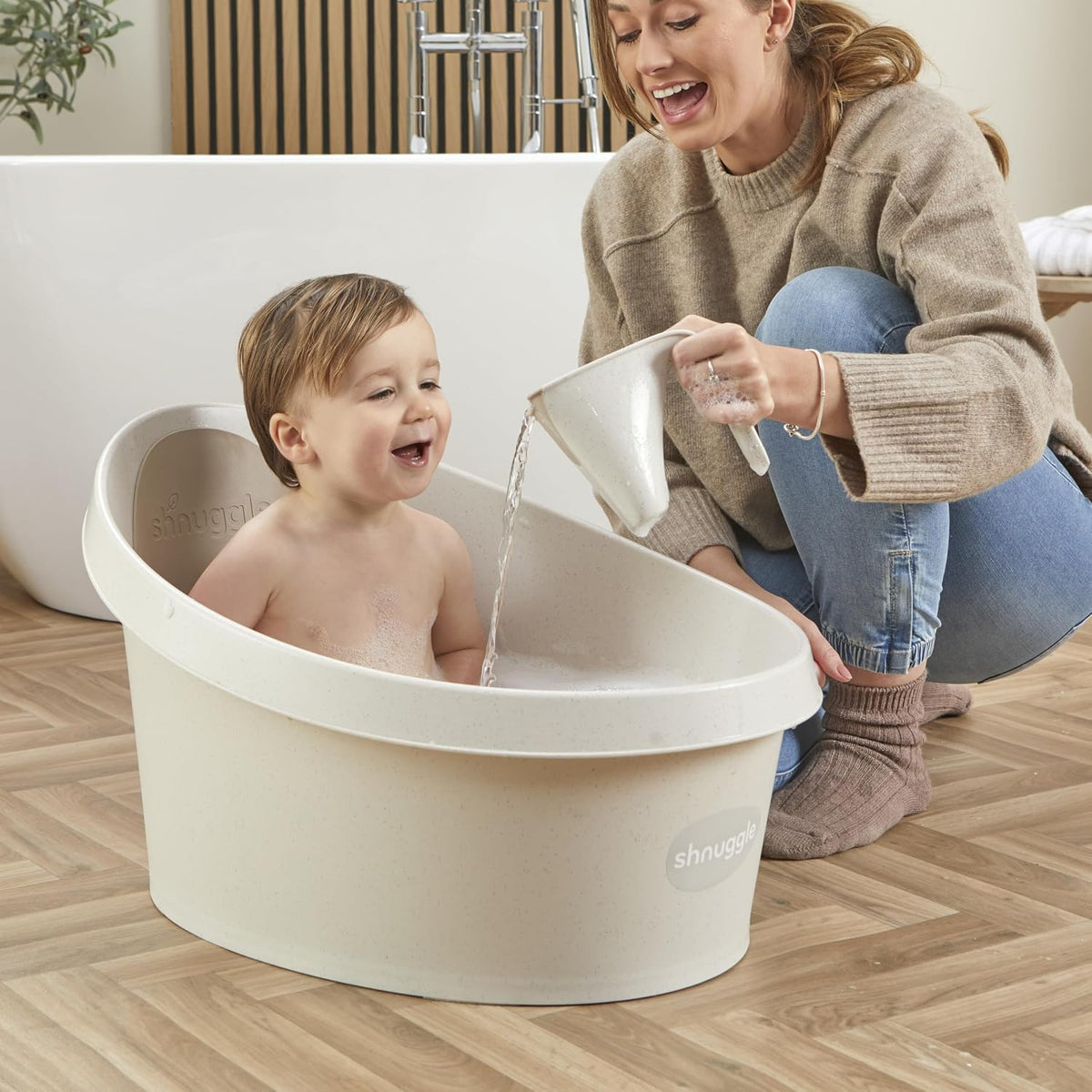 Bath Rinse Jug | Soft Rim Baby & Toddler Shampoo Rinser | Bath Hair Rinsing Cup | Hair Wash Jug with Handle | Essential Bath Accessories | White/Grey