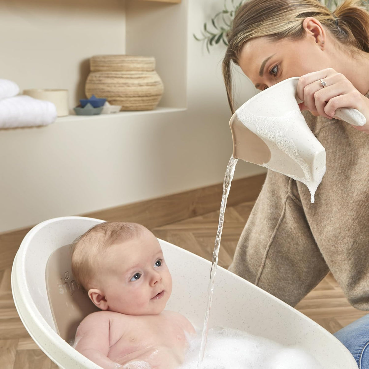 Bath Rinse Jug | Soft Rim Baby & Toddler Shampoo Rinser | Bath Hair Rinsing Cup | Hair Wash Jug with Handle | Essential Bath Accessories | White/Grey