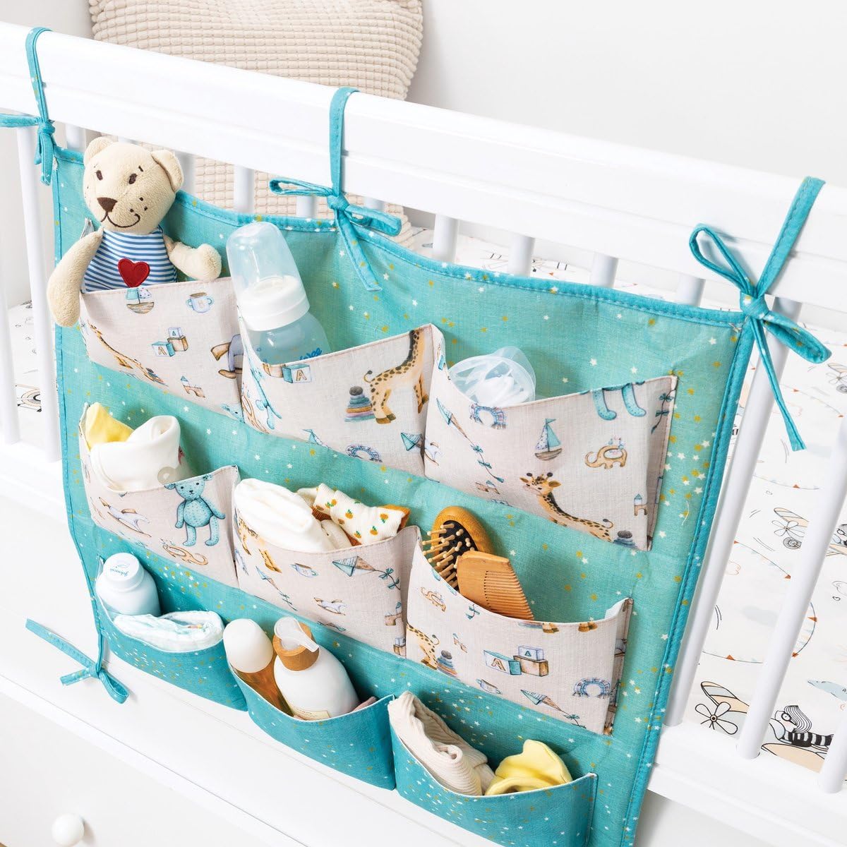 Baby Crib Side Organizer – Portable Nursery Storage Bin for Diapers & Essentials | Hanging Diaper Caddy for Changing Table & Car Travel (Blue)