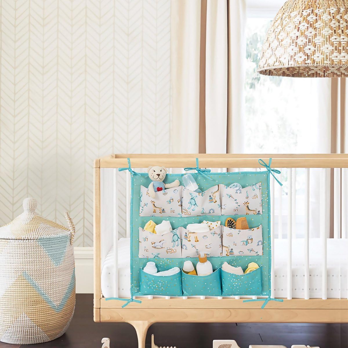 Baby Crib Side Organizer – Portable Nursery Storage Bin for Diapers & Essentials | Hanging Diaper Caddy for Changing Table & Car Travel (Blue)
