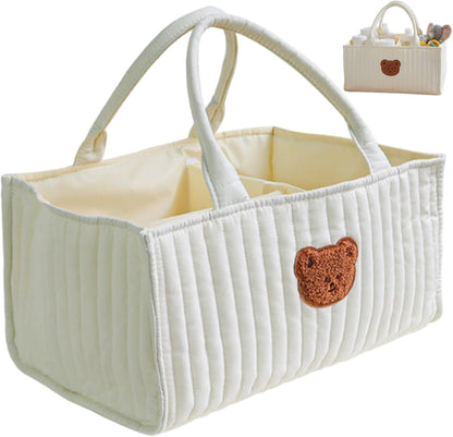 Diaper Caddy Portable Quilted Basket, Removable Dividers and Handles Nursery Storage for Diapers Wipes Toys Essentials, White