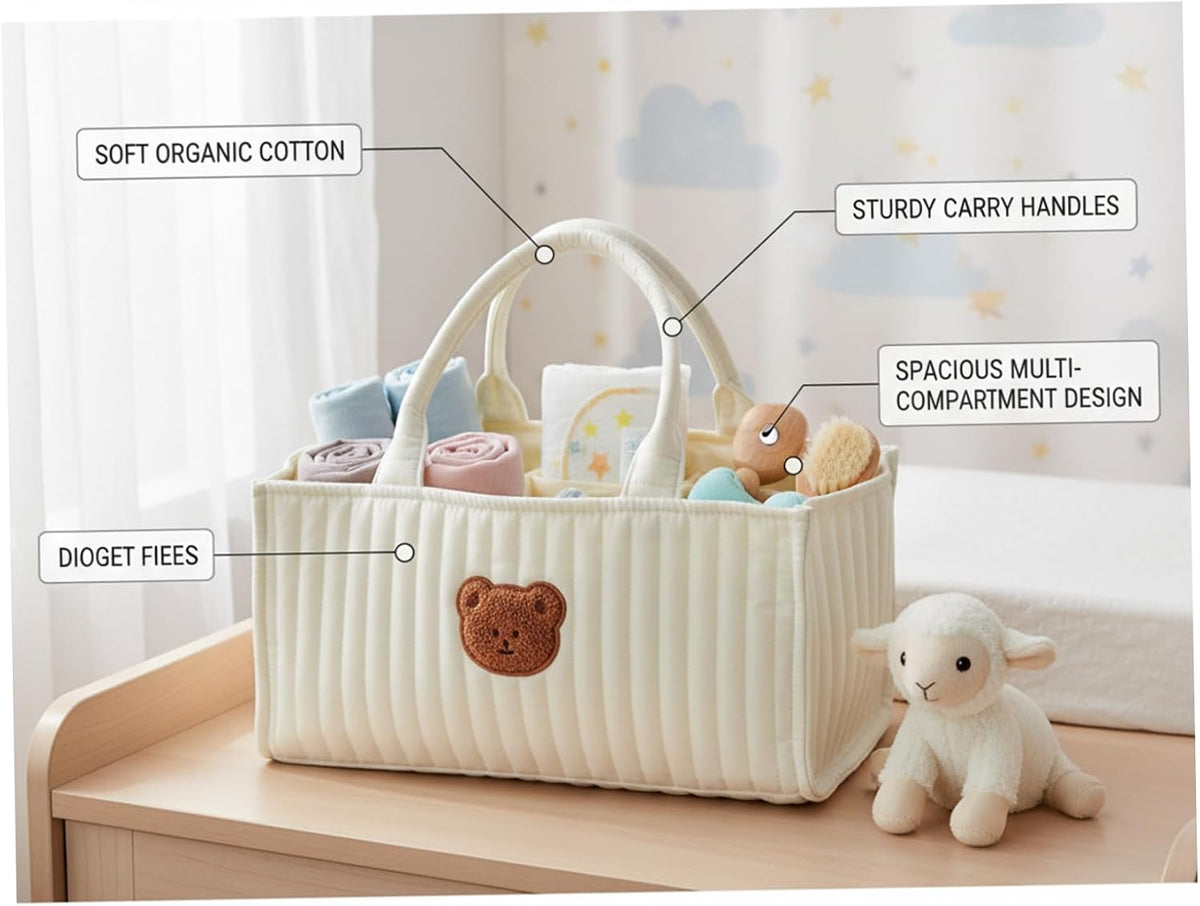 Diaper Caddy Portable Quilted Basket, Removable Dividers and Handles Nursery Storage for Diapers Wipes Toys Essentials, White