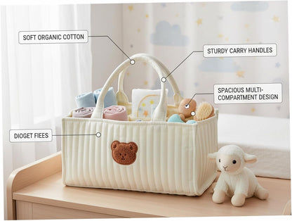 Diaper Caddy Portable Quilted Basket, Removable Dividers and Handles Nursery Storage for Diapers Wipes Toys Essentials, White
