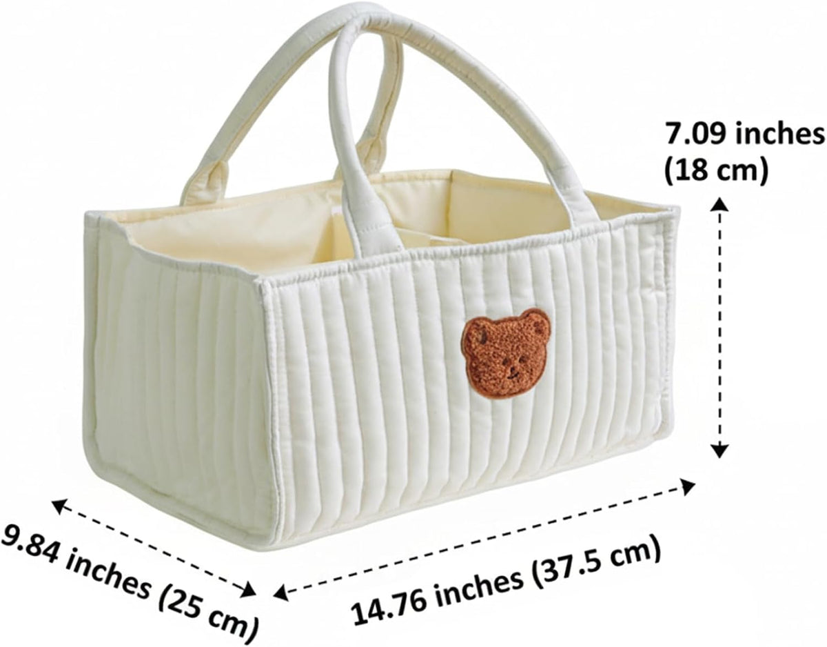 Diaper Caddy Portable Quilted Basket, Removable Dividers and Handles Nursery Storage for Diapers Wipes Toys Essentials, White