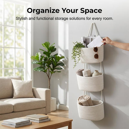 Wall-Hanging Storage Organizer – 3-Tier, Boho Style, Space-Saving, Over the Door Hanging Basket, Decorative Hanging Nursery Baskets for Organizing Living Room, Bathroom and Bedroom