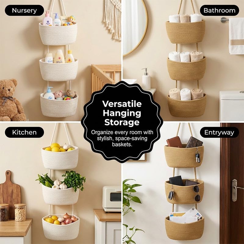 Wall-Hanging Storage Organizer – 3-Tier, Boho Style, Space-Saving, Over the Door Hanging Basket, Decorative Hanging Nursery Baskets for Organizing Living Room, Bathroom and Bedroom