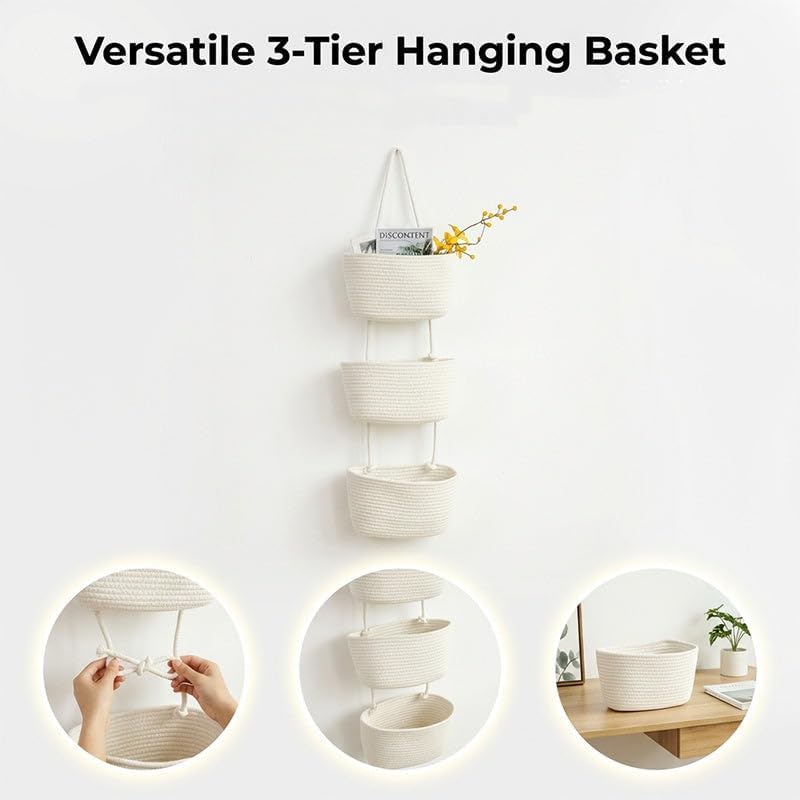 Wall-Hanging Storage Organizer – 3-Tier, Boho Style, Space-Saving, Over the Door Hanging Basket, Decorative Hanging Nursery Baskets for Organizing Living Room, Bathroom and Bedroom