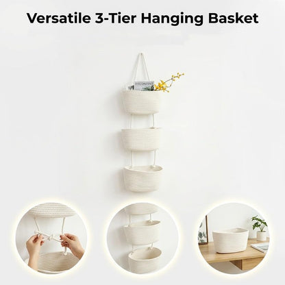 Wall-Hanging Storage Organizer – 3-Tier, Boho Style, Space-Saving, Over the Door Hanging Basket, Decorative Hanging Nursery Baskets for Organizing Living Room, Bathroom and Bedroom