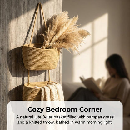 Wall-Hanging Storage Organizer – 3-Tier, Boho Style, Space-Saving, Over the Door Hanging Basket, Decorative Hanging Nursery Baskets for Organizing Living Room, Bathroom and Bedroom