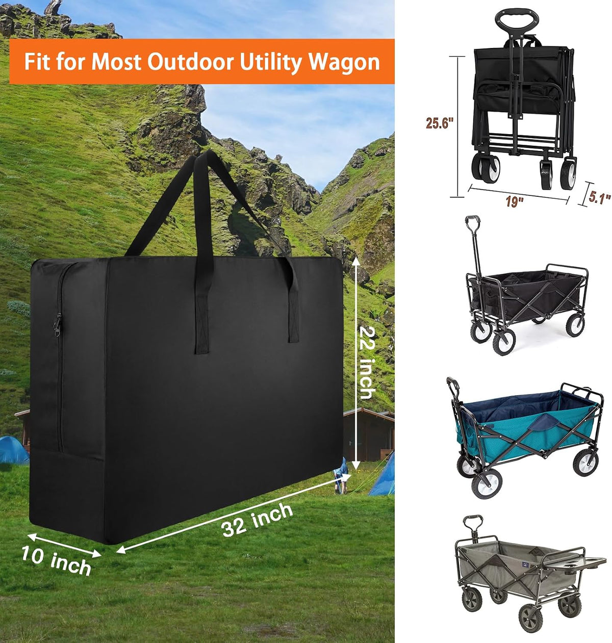 Black Storage Bag for Wagon, 32 Inch Water Resistant Sports Duffel, Protective Cover, Folding Outdoor Travel Equipment Zipper Bag for Strollers, Garden Cart, Camping