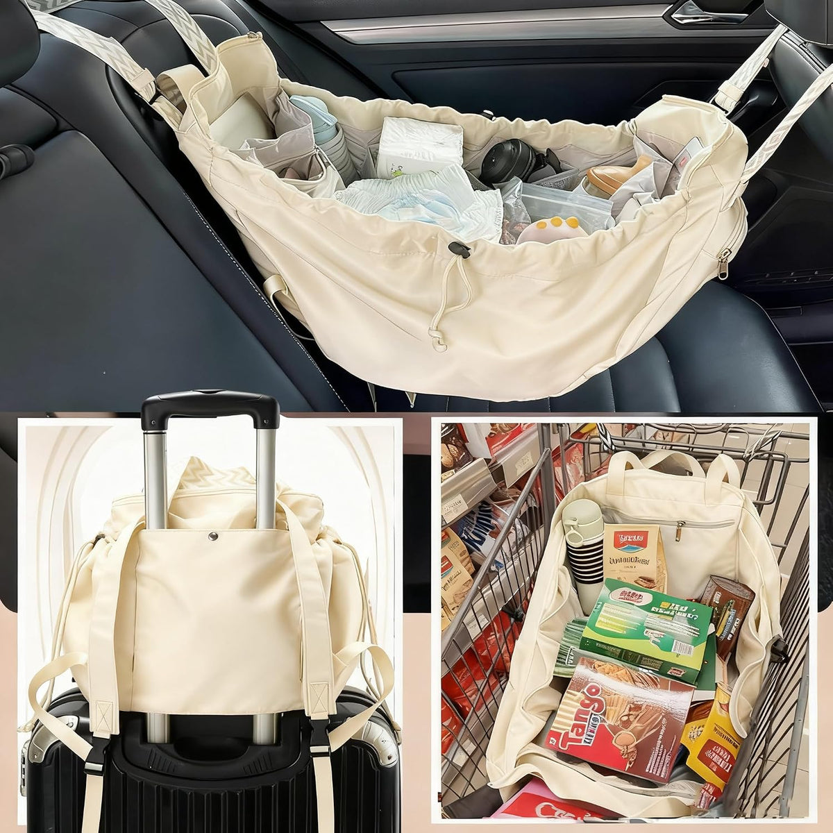 Tote Bag Large Capacity Lightweight Backpack with 15 Pockets Nylon Shoulder Bag for Car Travel Mother Bag