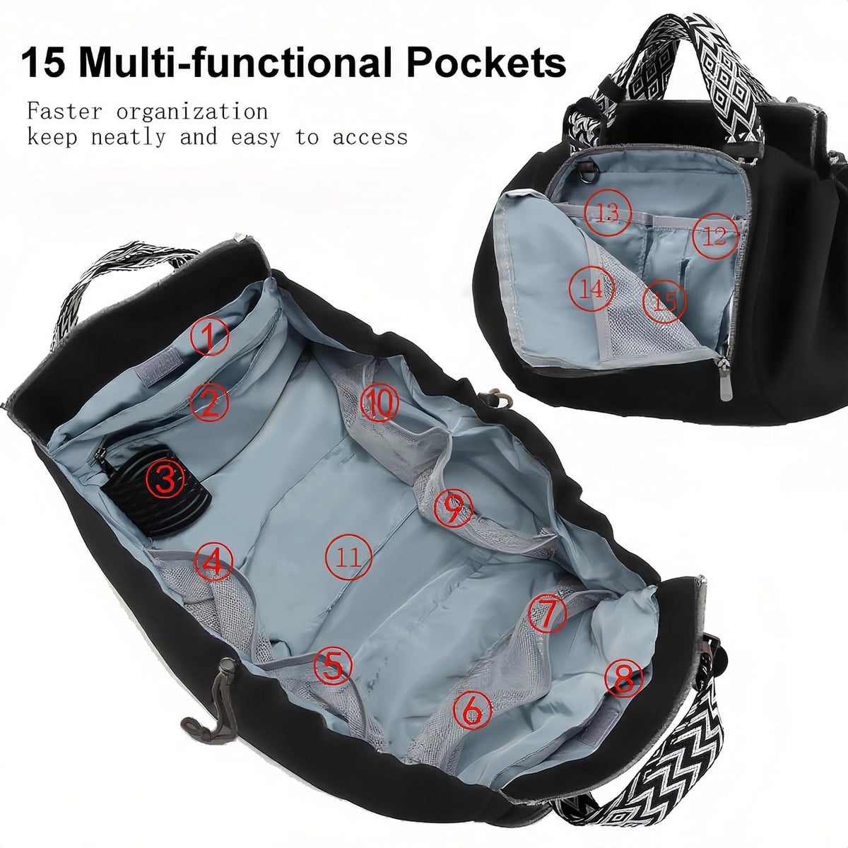 Tote Bag Large Capacity Lightweight Backpack with 15 Pockets Nylon Shoulder Bag for Car Travel Mother Bag