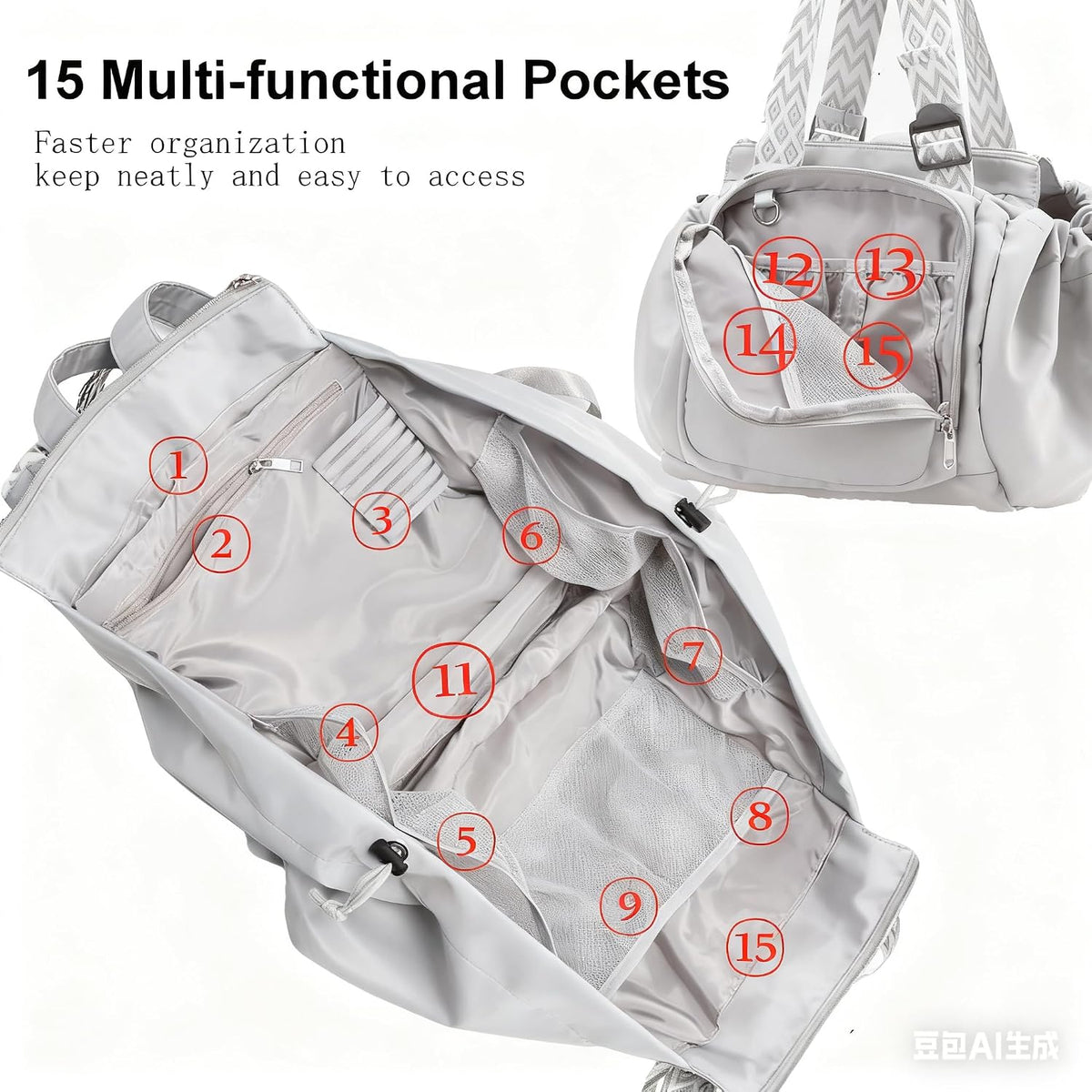 Tote Bag Large Capacity Lightweight Backpack with 15 Pockets Nylon Shoulder Bag for Car Travel Mother Bag