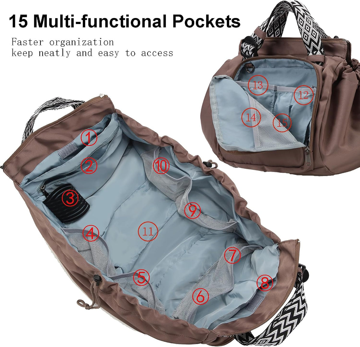 Tote Bag Large Capacity Lightweight Backpack with 15 Pockets Nylon Shoulder Bag for Car Travel Mother Bag