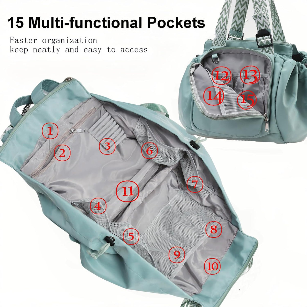 Tote Bag Large Capacity Lightweight Backpack with 15 Pockets Nylon Shoulder Bag for Car Travel Mother Bag