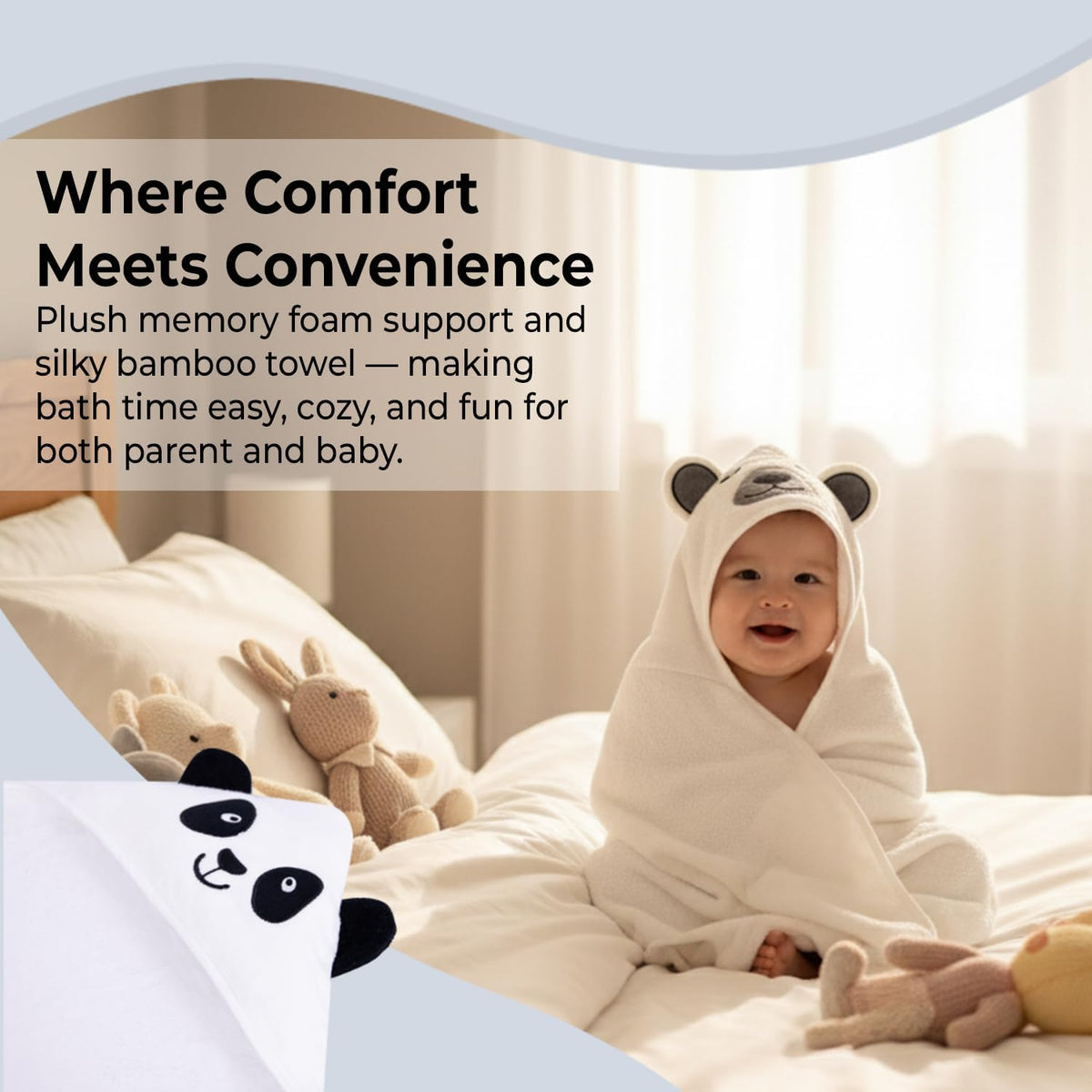 Blue Bath Kneeler & Elbow Rest Pad Set with Baby Bath Towel, Hooded, Bear