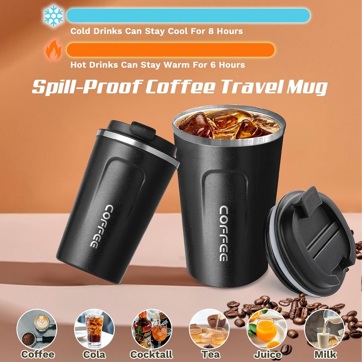 Travel coffee mugs leak-proof, reusable coffee cup with lid, stainless steel vacuum insulated coffee tumblers, thermal insulation cups for men & women keep drinks hot & cold (2nd-Yellow, 17OZ)