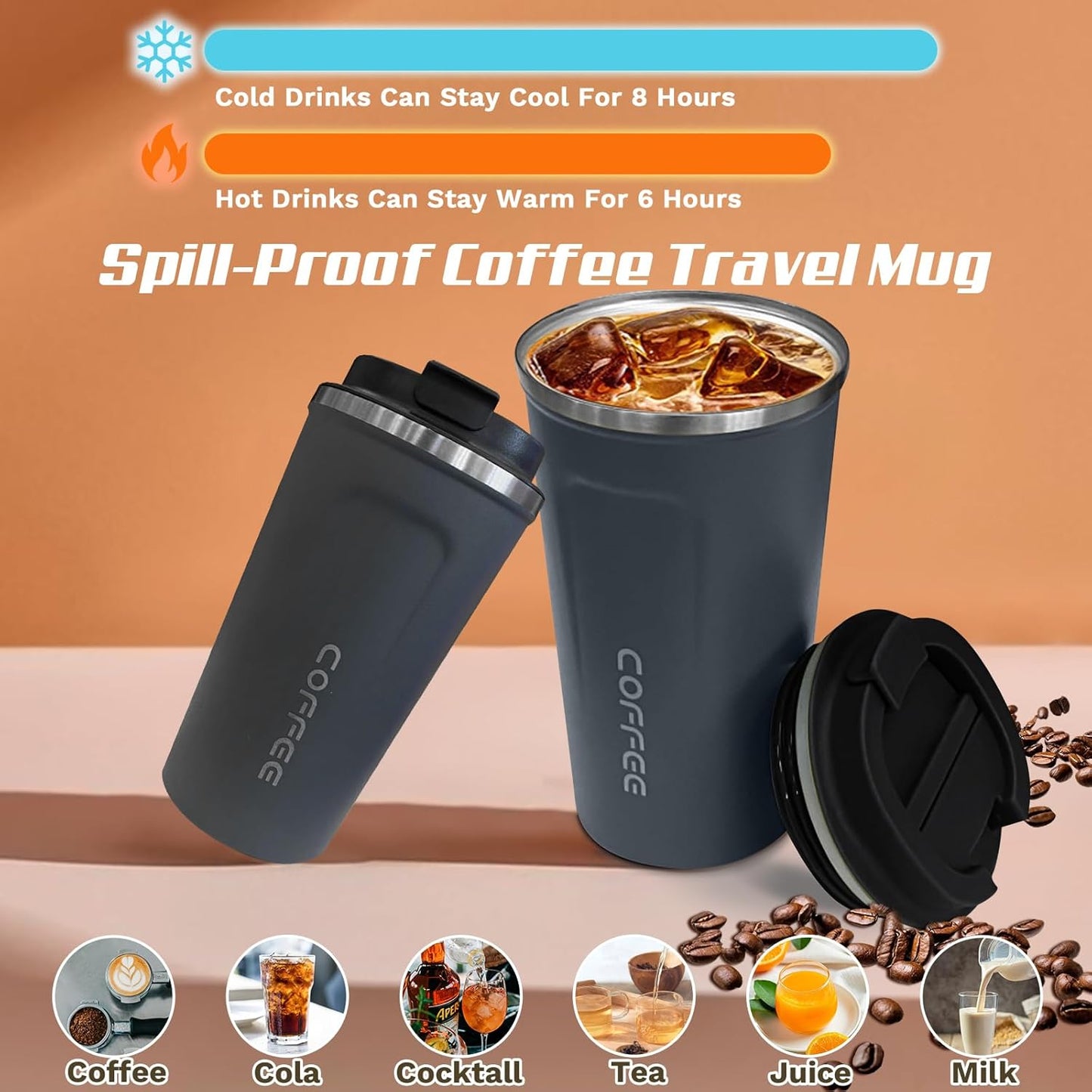Travel coffee mugs leak-proof, reusable coffee cup with lid, stainless steel vacuum insulated coffee tumblers, thermal insulation cups for men & women keep drinks hot & cold (2nd-Yellow, 17OZ)