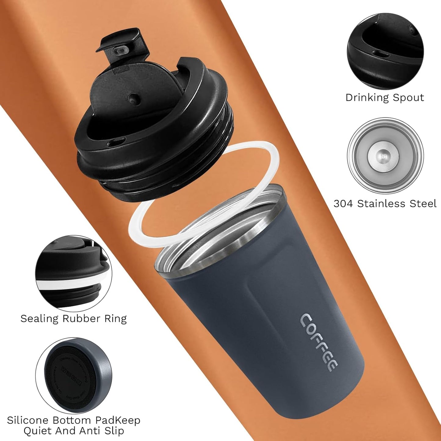 Travel coffee mugs leak-proof, reusable coffee cup with lid, stainless steel vacuum insulated coffee tumblers, thermal insulation cups for men & women keep drinks hot & cold (2nd-Yellow, 17OZ)