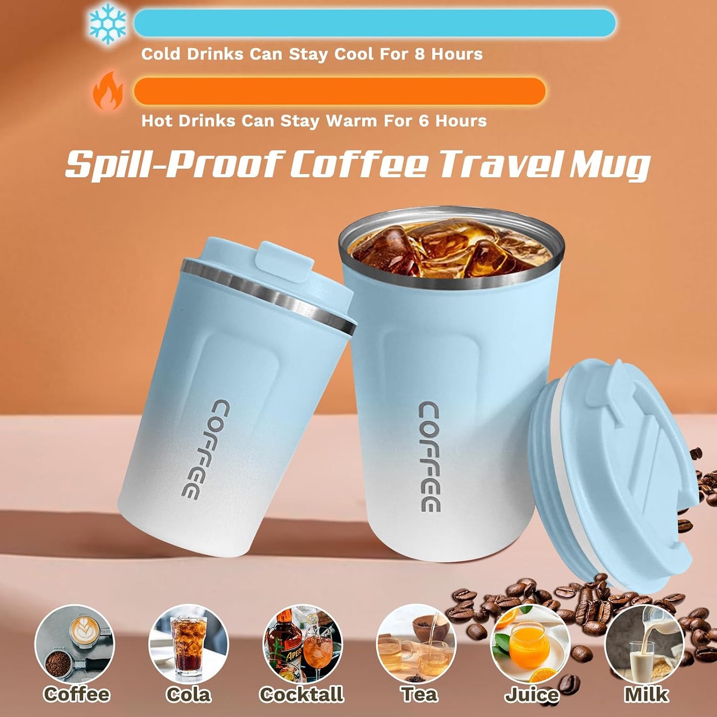 Travel coffee mugs leak-proof, reusable coffee cup with lid, stainless steel vacuum insulated coffee tumblers, thermal insulation cups for men & women keep drinks hot & cold (2nd-Yellow, 17OZ)