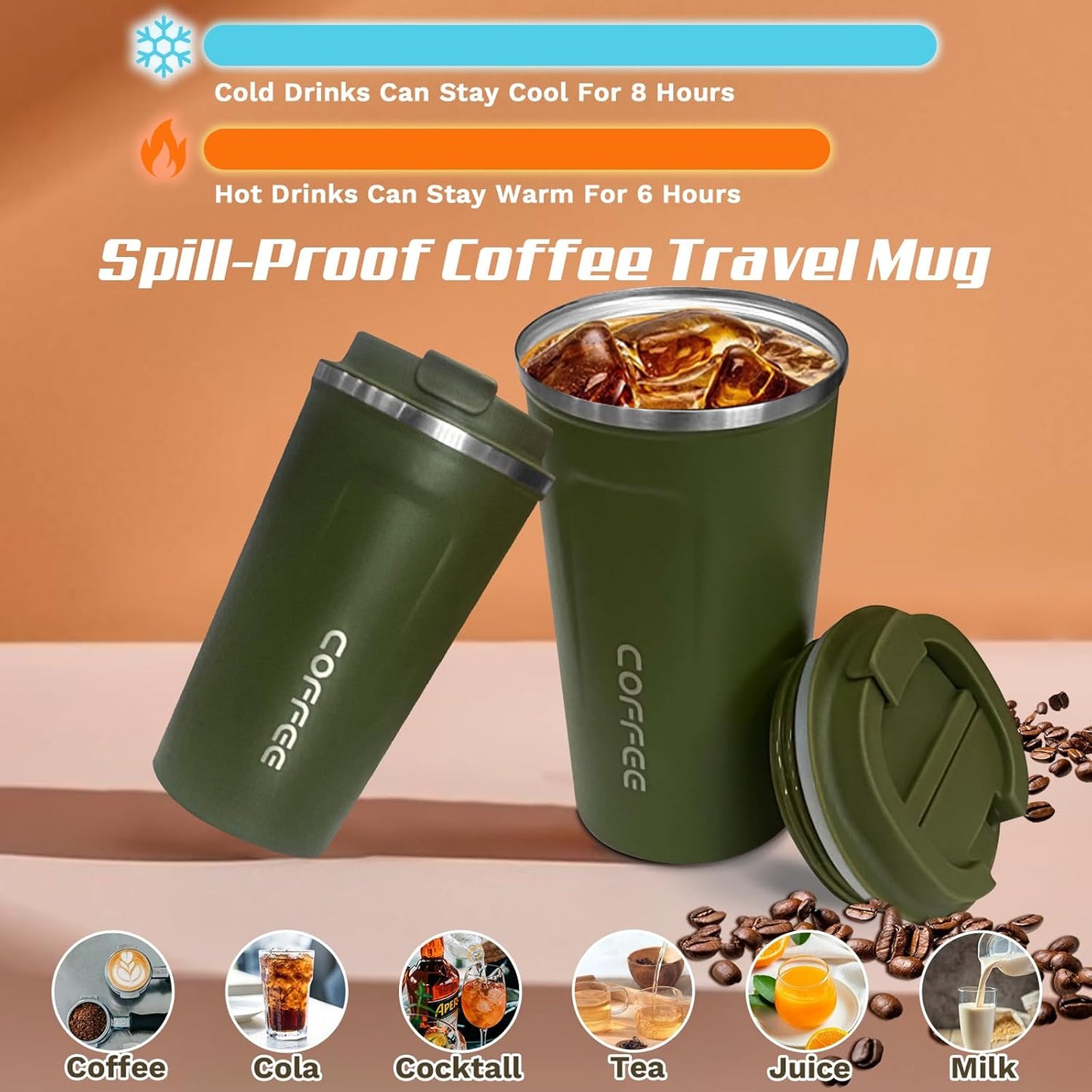 Travel coffee mugs leak-proof, reusable coffee cup with lid, stainless steel vacuum insulated coffee tumblers, thermal insulation cups for men & women keep drinks hot & cold (2nd-Yellow, 17OZ)