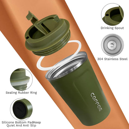 Travel coffee mugs leak-proof, reusable coffee cup with lid, stainless steel vacuum insulated coffee tumblers, thermal insulation cups for men & women keep drinks hot & cold (2nd-Yellow, 17OZ)