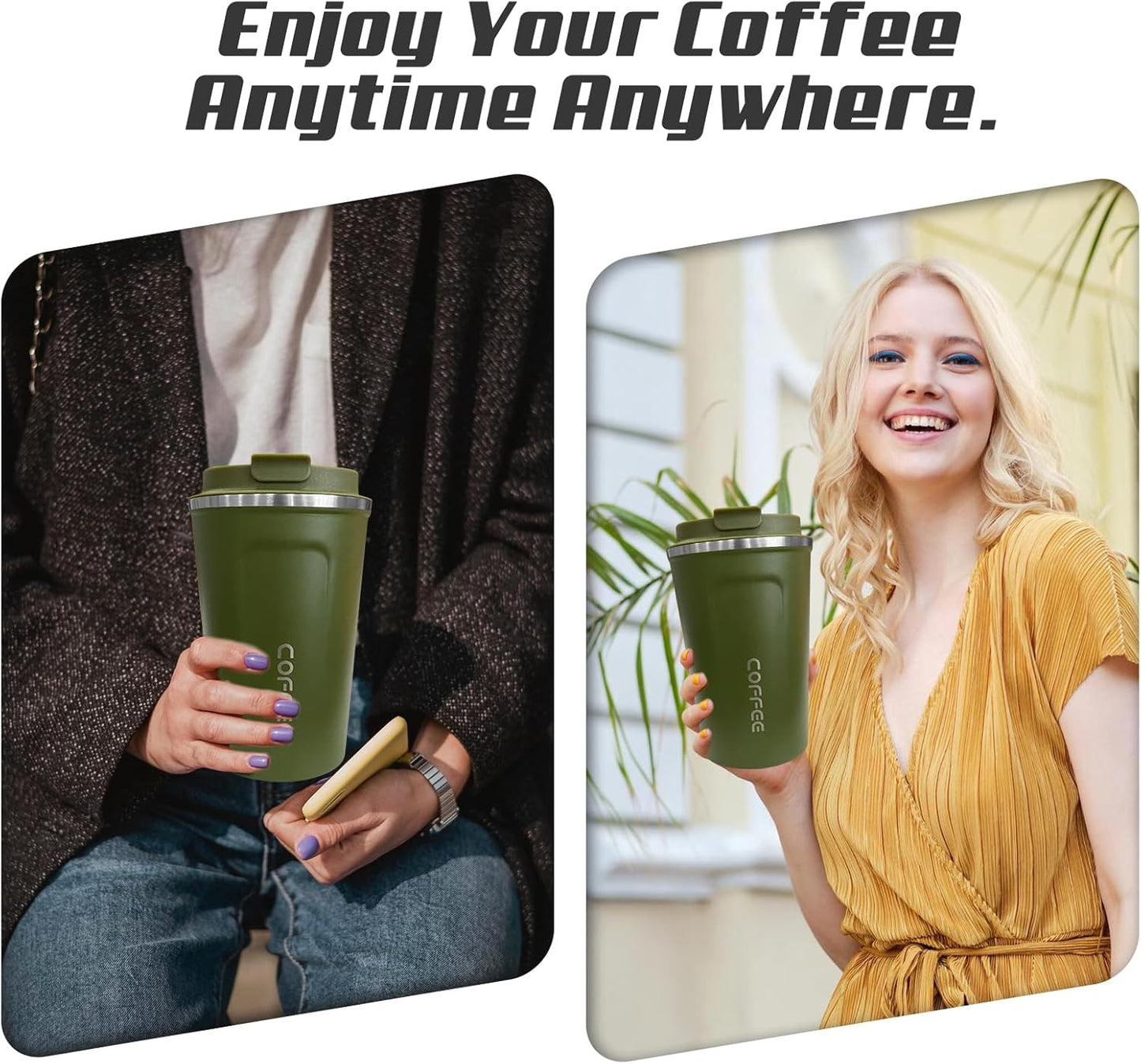 Travel coffee mugs leak-proof, reusable coffee cup with lid, stainless steel vacuum insulated coffee tumblers, thermal insulation cups for men & women keep drinks hot & cold (2nd-Yellow, 17OZ)