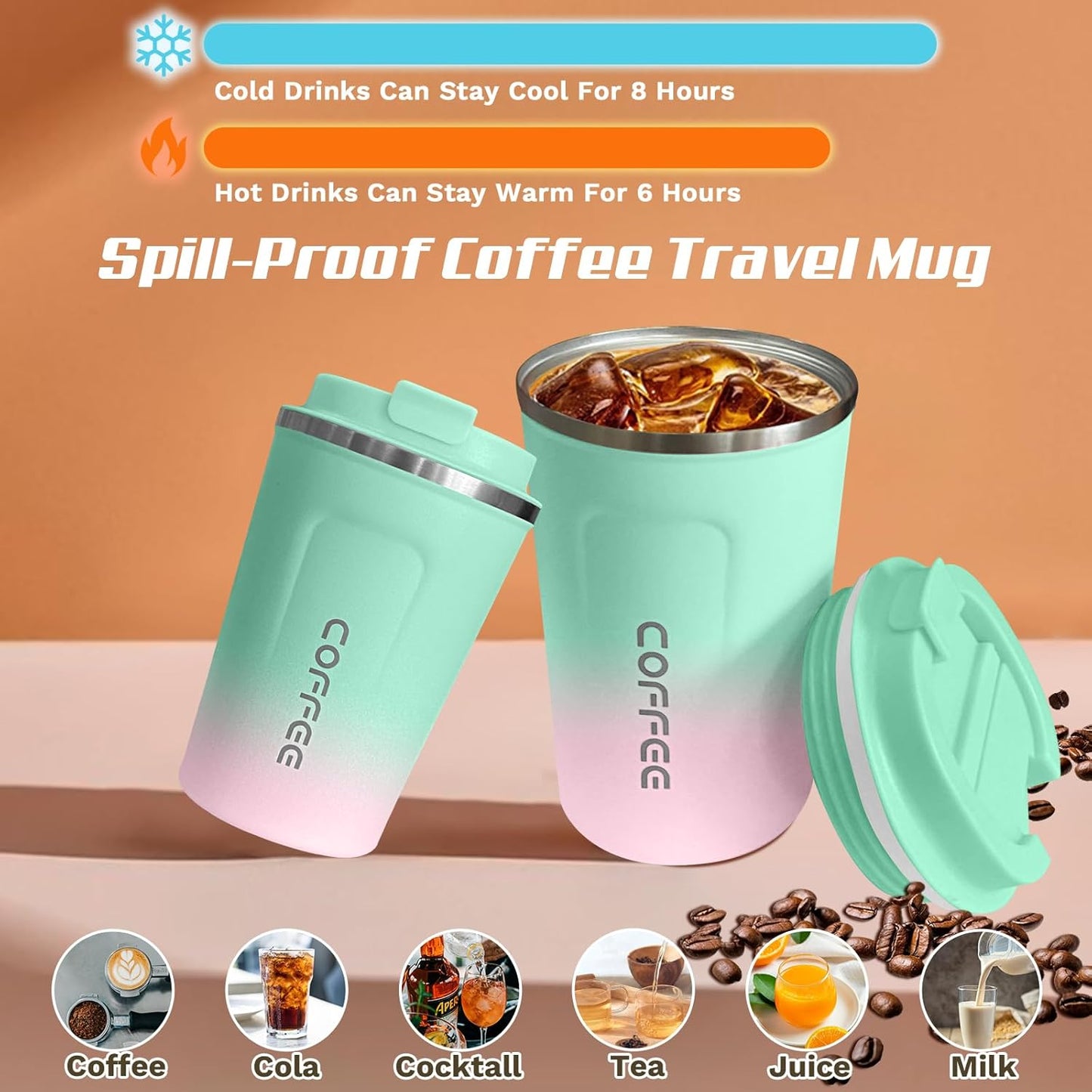 Travel coffee mugs leak-proof, reusable coffee cup with lid, stainless steel vacuum insulated coffee tumblers, thermal insulation cups for men & women keep drinks hot & cold (2nd-Yellow, 17OZ)