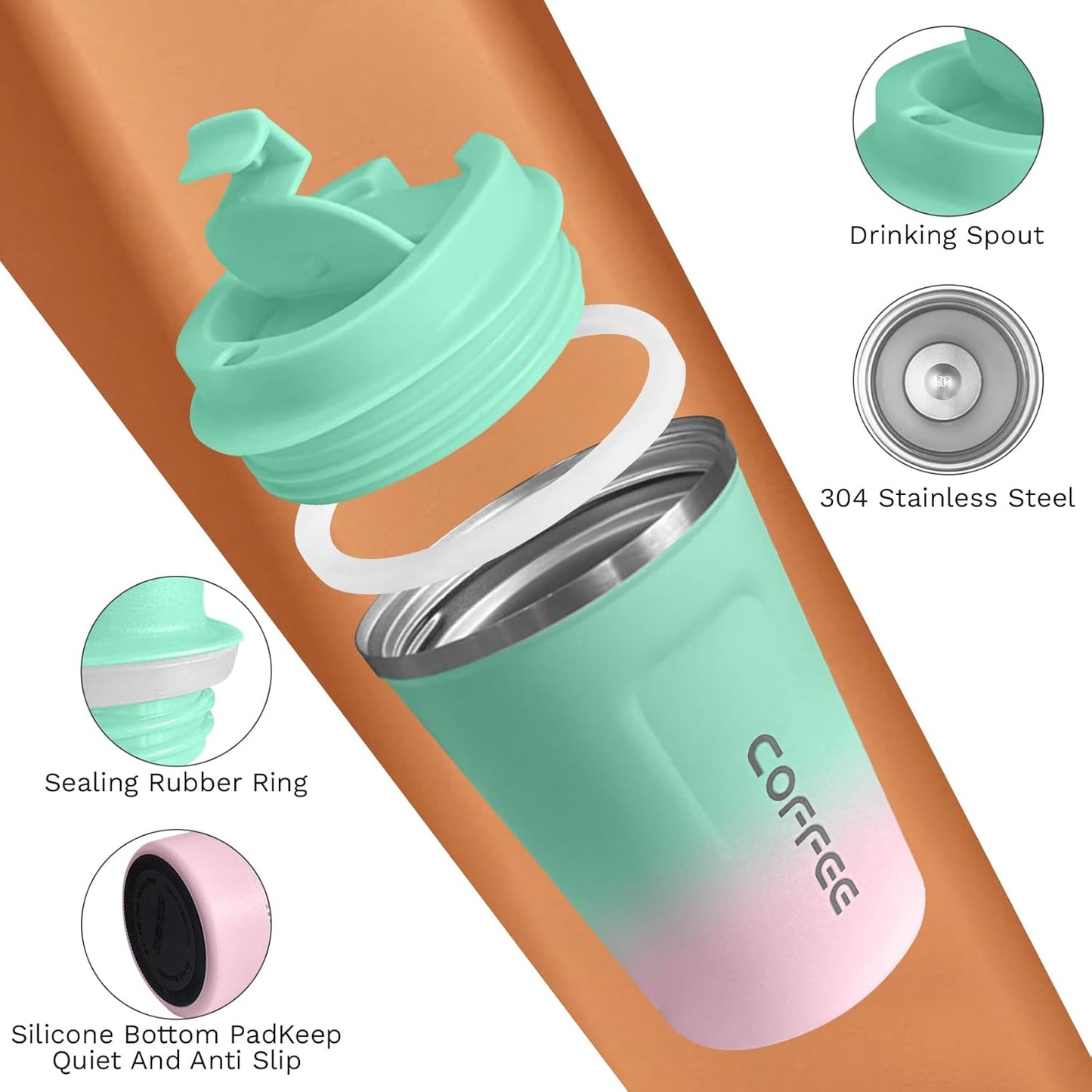 Travel coffee mugs leak-proof, reusable coffee cup with lid, stainless steel vacuum insulated coffee tumblers, thermal insulation cups for men & women keep drinks hot & cold (2nd-Yellow, 17OZ)