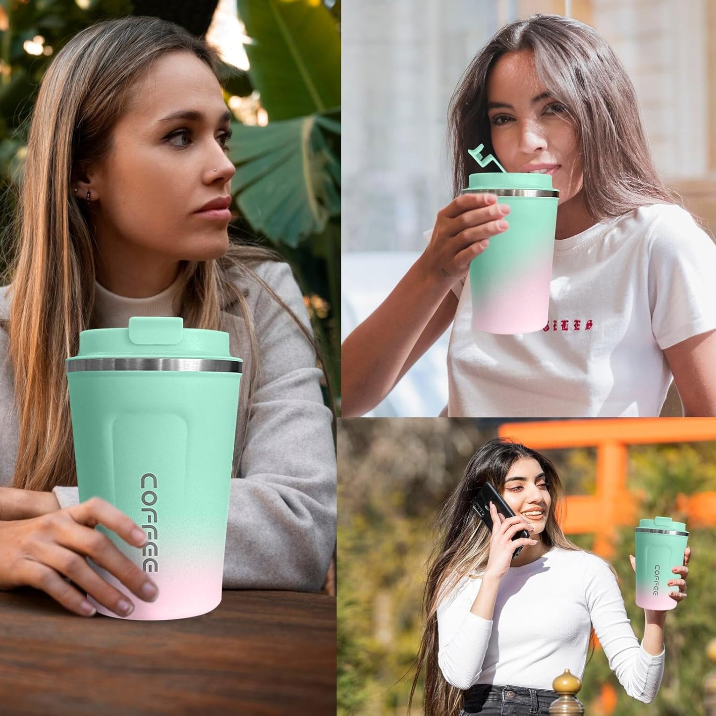 Travel coffee mugs leak-proof, reusable coffee cup with lid, stainless steel vacuum insulated coffee tumblers, thermal insulation cups for men & women keep drinks hot & cold (2nd-Yellow, 17OZ)