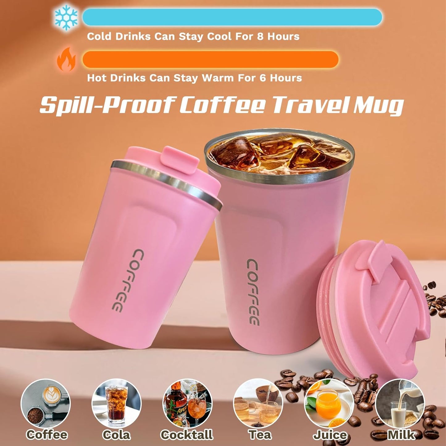 Travel coffee mugs leak-proof, reusable coffee cup with lid, stainless steel vacuum insulated coffee tumblers, thermal insulation cups for men & women keep drinks hot & cold (2nd-Yellow, 17OZ)