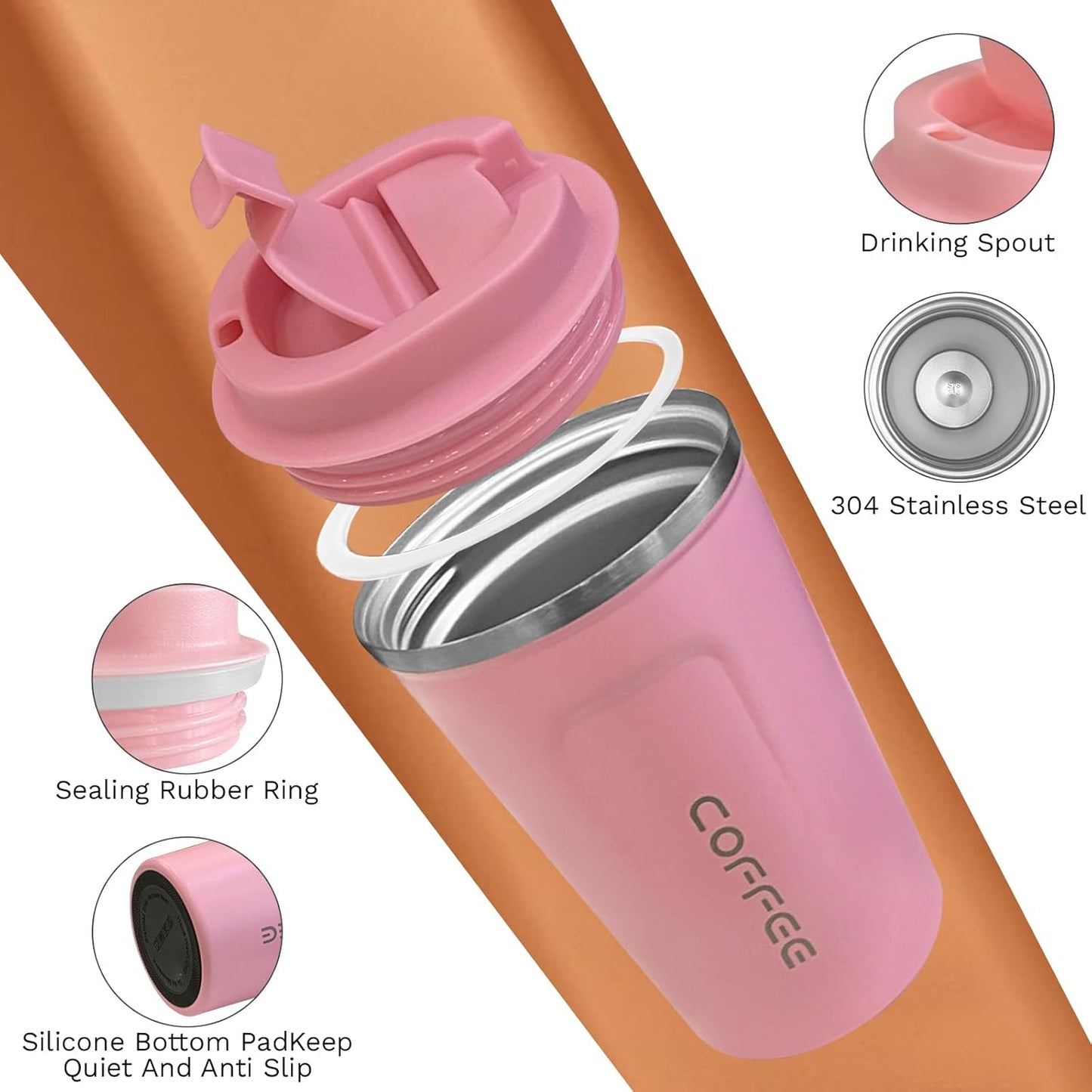Travel coffee mugs leak-proof, reusable coffee cup with lid, stainless steel vacuum insulated coffee tumblers, thermal insulation cups for men & women keep drinks hot & cold (2nd-Yellow, 17OZ)