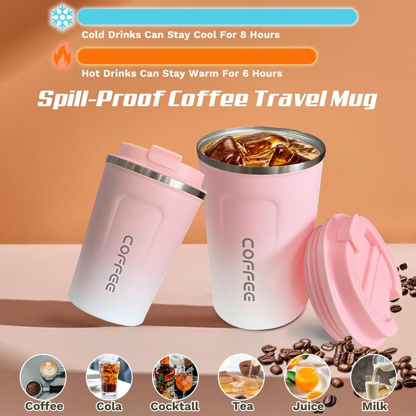 Travel coffee mugs leak-proof, reusable coffee cup with lid, stainless steel vacuum insulated coffee tumblers, thermal insulation cups for men & women keep drinks hot & cold (2nd-Yellow, 17OZ)