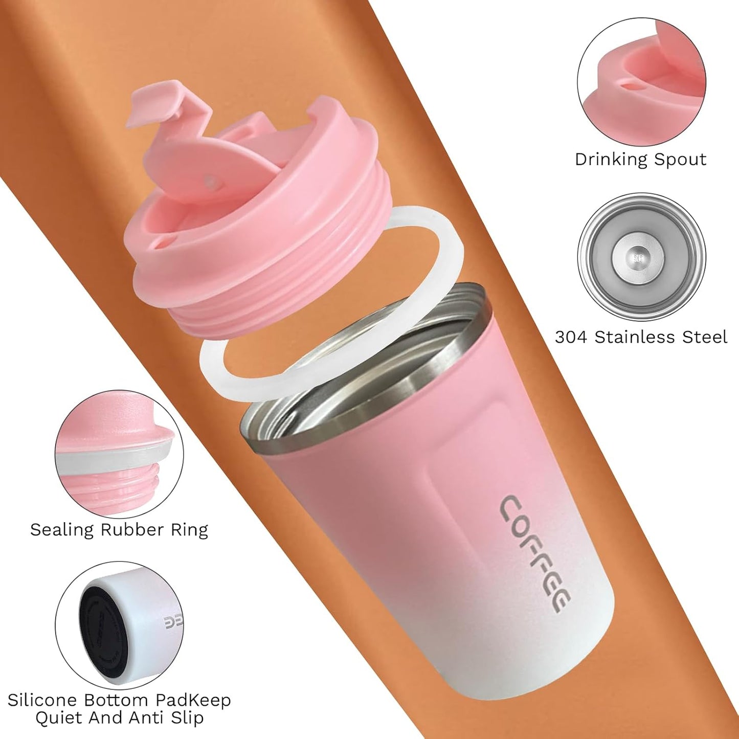 Travel coffee mugs leak-proof, reusable coffee cup with lid, stainless steel vacuum insulated coffee tumblers, thermal insulation cups for men & women keep drinks hot & cold (2nd-Yellow, 17OZ)