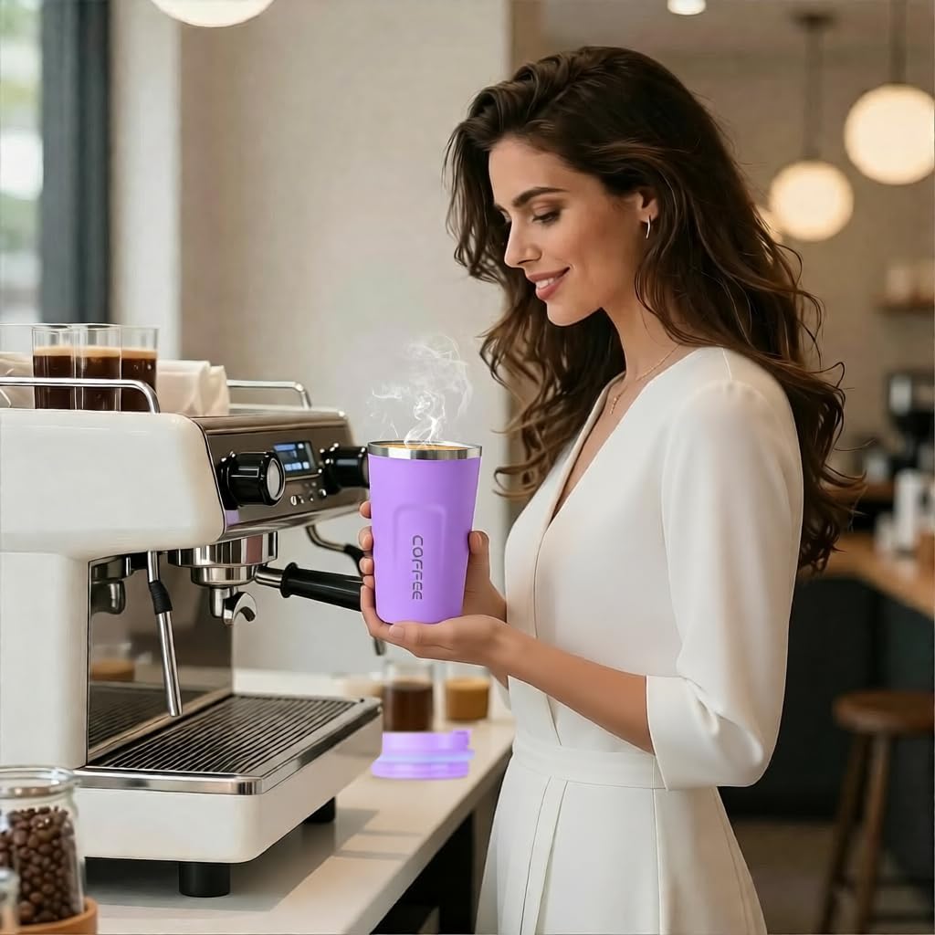 Travel coffee mugs leak-proof, reusable coffee cup with lid, stainless steel vacuum insulated coffee tumblers, thermal insulation cups for men & women keep drinks hot & cold (2nd-Yellow, 17OZ)