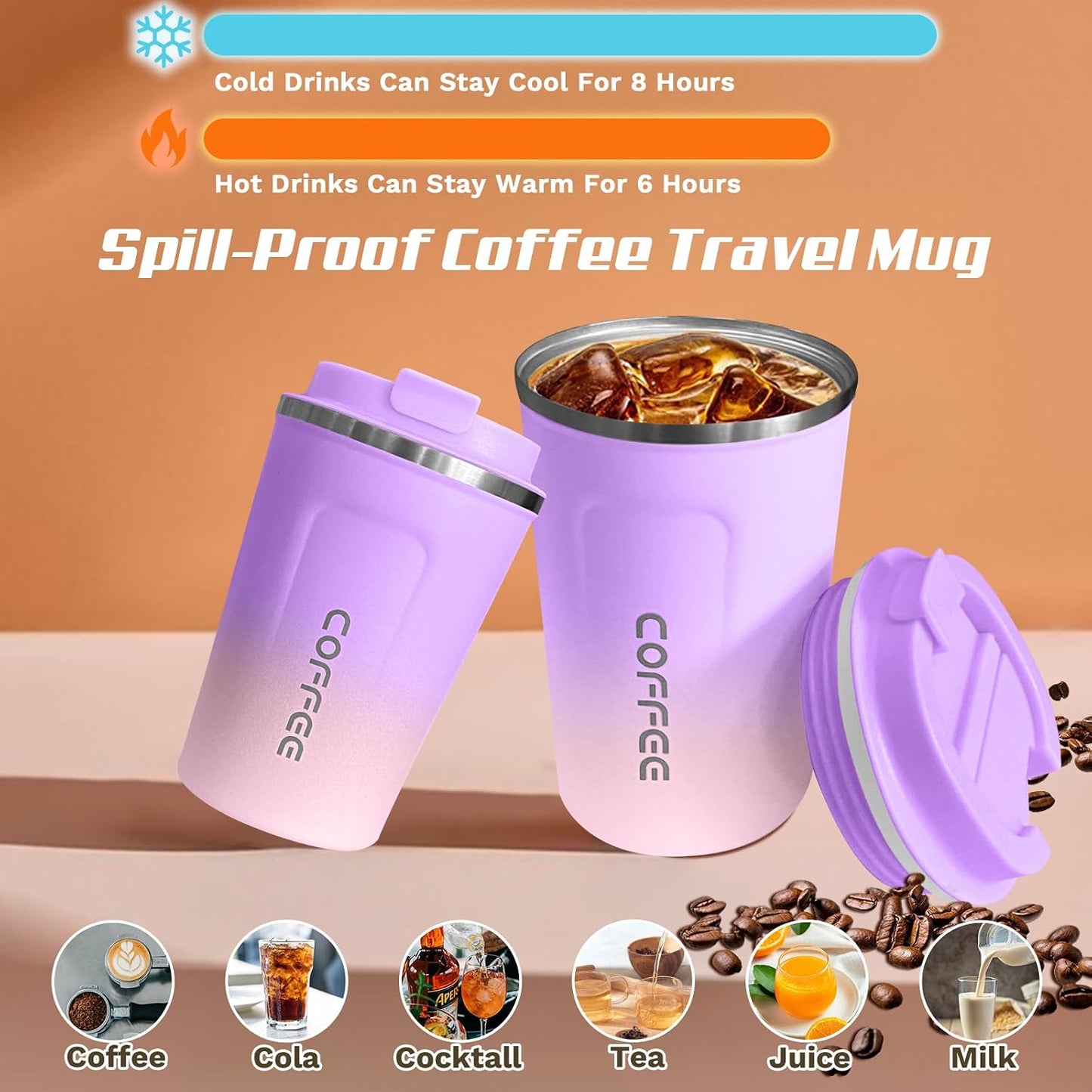 Travel coffee mugs leak-proof, reusable coffee cup with lid, stainless steel vacuum insulated coffee tumblers, thermal insulation cups for men & women keep drinks hot & cold (2nd-Yellow, 17OZ)