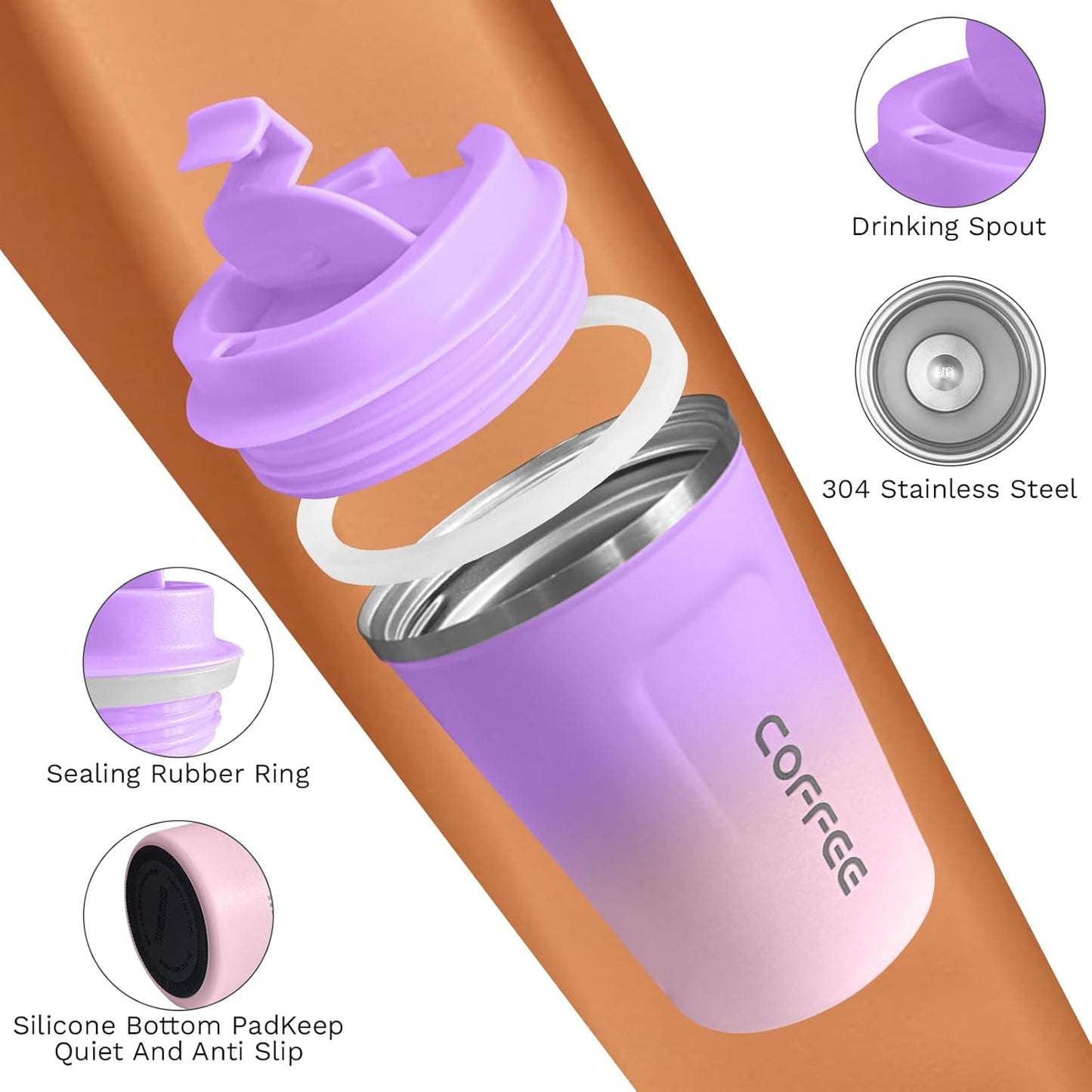 Travel coffee mugs leak-proof, reusable coffee cup with lid, stainless steel vacuum insulated coffee tumblers, thermal insulation cups for men & women keep drinks hot & cold (2nd-Yellow, 17OZ)