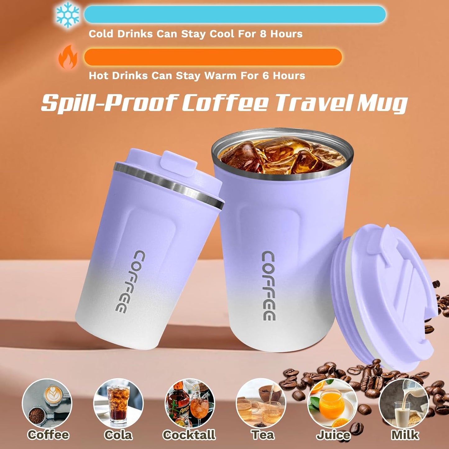 Travel coffee mugs leak-proof, reusable coffee cup with lid, stainless steel vacuum insulated coffee tumblers, thermal insulation cups for men & women keep drinks hot & cold (2nd-Yellow, 17OZ)