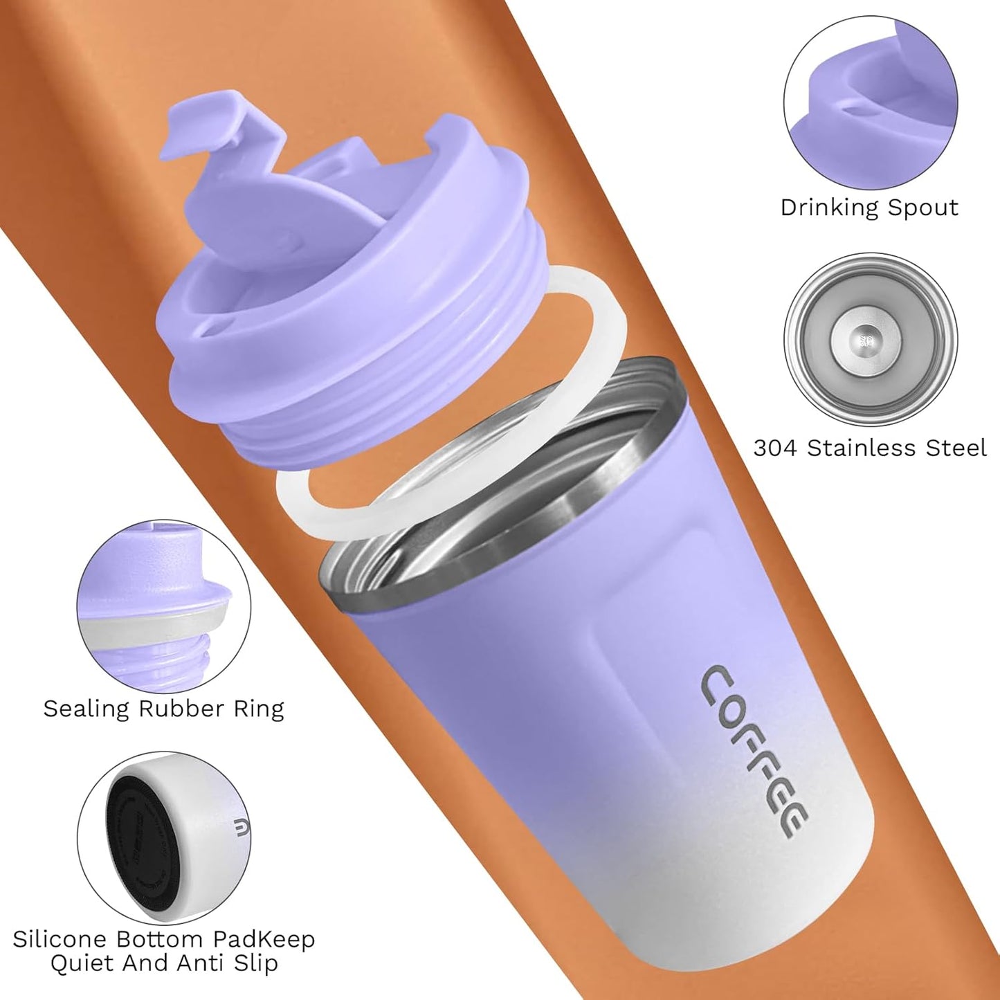 Travel coffee mugs leak-proof, reusable coffee cup with lid, stainless steel vacuum insulated coffee tumblers, thermal insulation cups for men & women keep drinks hot & cold (2nd-Yellow, 17OZ)