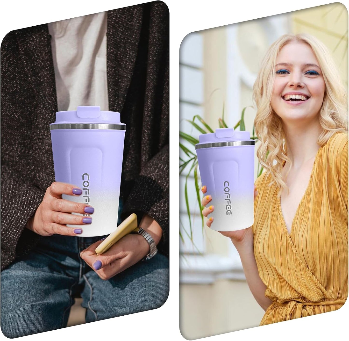 Travel coffee mugs leak-proof, reusable coffee cup with lid, stainless steel vacuum insulated coffee tumblers, thermal insulation cups for men & women keep drinks hot & cold (2nd-Yellow, 17OZ)